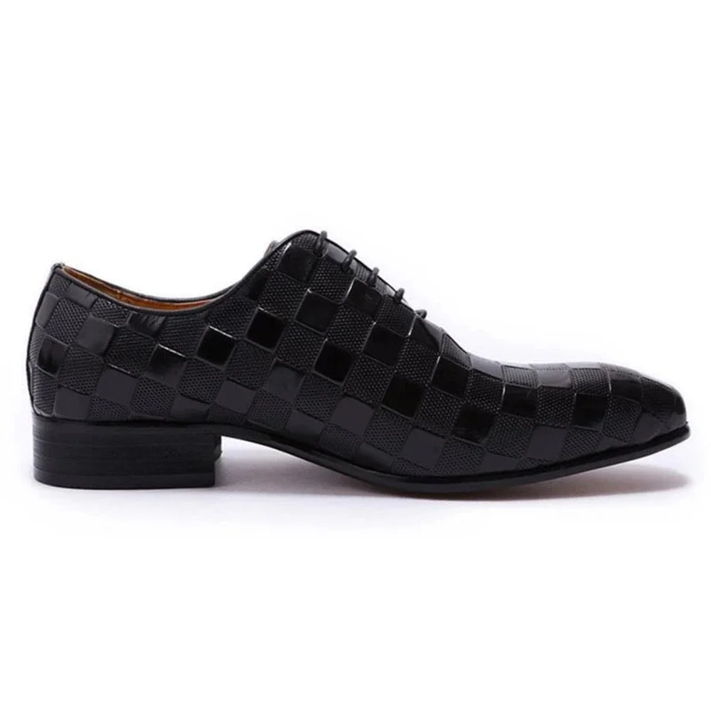 Santimon‎ Men's US 9 Black Leather Plaid Texture Oxfords Lace Up Dress Shoes